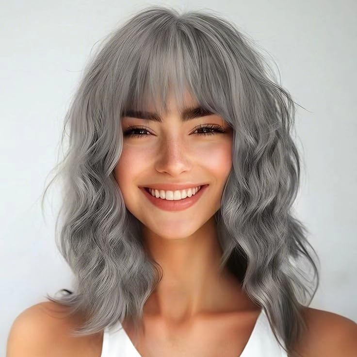 Black Mixed Brown Wig for Black Women 14 Inch Short Wavy Hair Wigs Curly Bob Wig with Bangs Wigs Shoulder Length Wigs for Black Women Bob Style Synthetic Heat Resistant