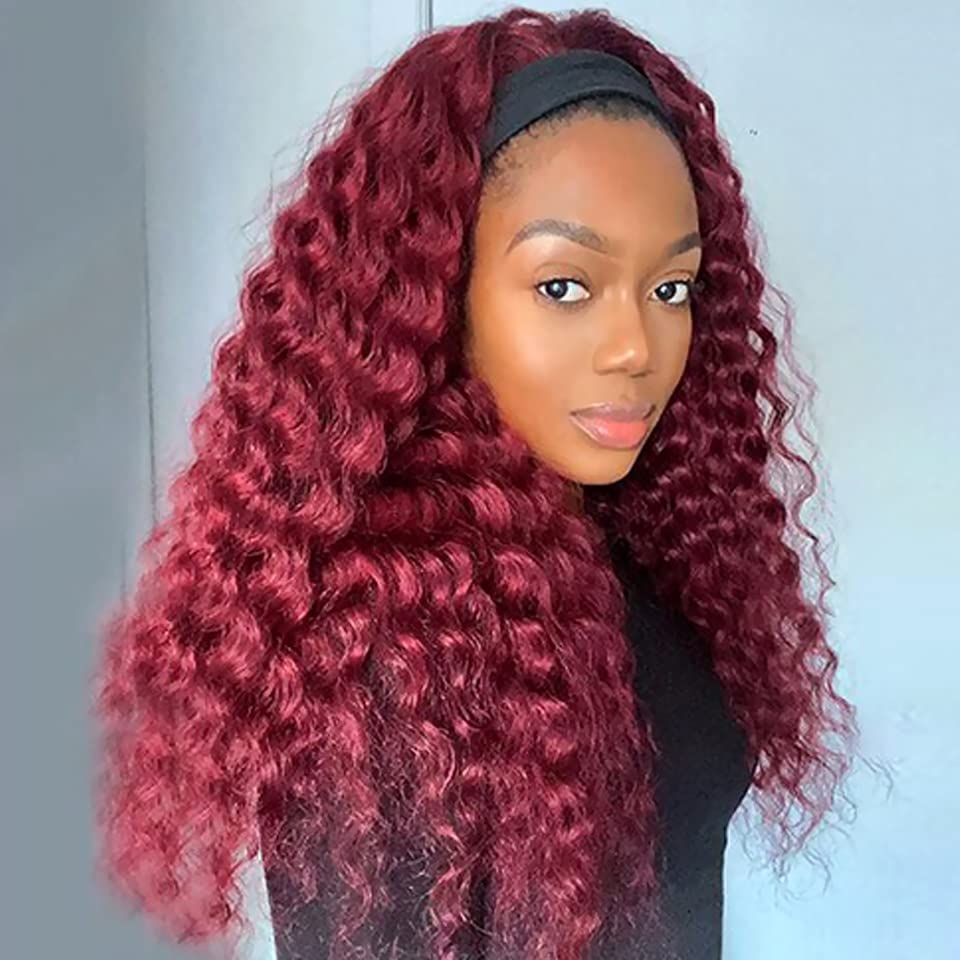 XSY Headband Wig Human Hair Deep Wave 16 Inch Curly Headband Wigs Glueless No Lace Front Wigs for Black Women Deep Curly Headband Half Wigs 150% Density Natural Color