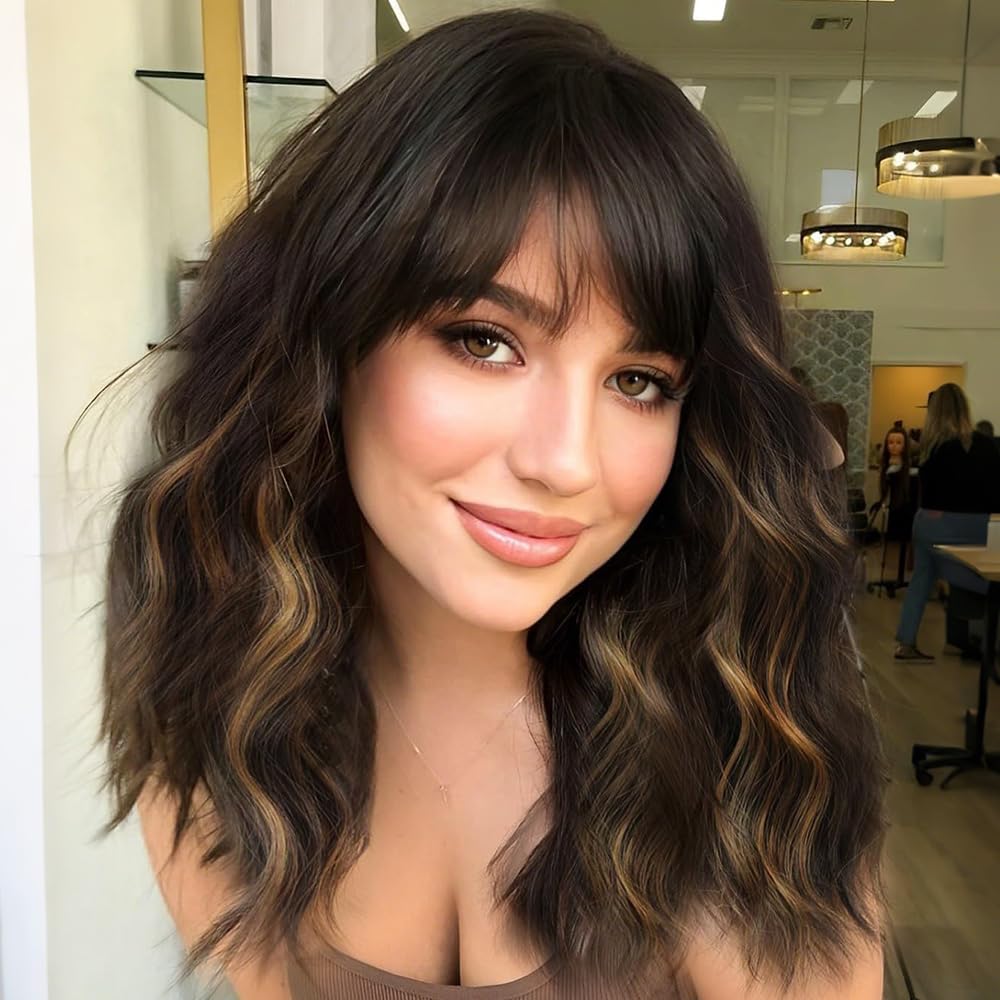 Black Mixed Brown Wig for Black Women 14 Inch Short Wavy Hair Wigs Curly Bob Wig with Bangs Wigs Shoulder Length Wigs for Black Women Bob Style Synthetic Heat Resistant