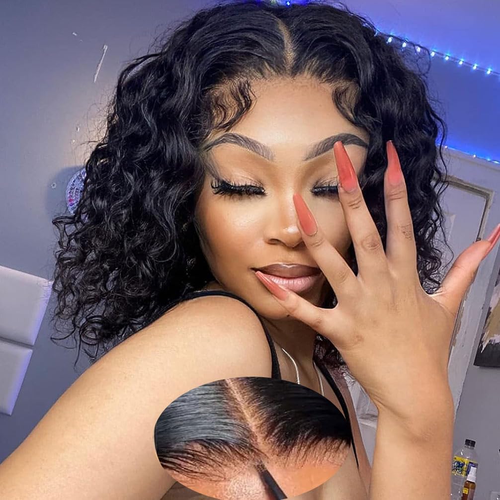 Wear and Go Glueless Wigs Human Hair Pre Plucked Pre Cut Lace Front Wigs for Black Women 180 Density Water Wave Bob Wig Human Hair Curly Wig (14 Inch)