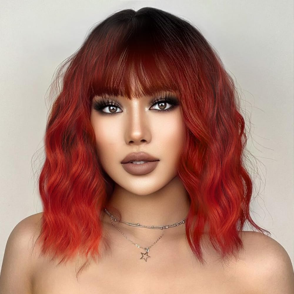 Black Mixed Brown Wig for Black Women 14 Inch Short Wavy Hair Wigs Curly Bob Wig with Bangs Wigs Shoulder Length Wigs for Black Women Bob Style Synthetic Heat Resistant