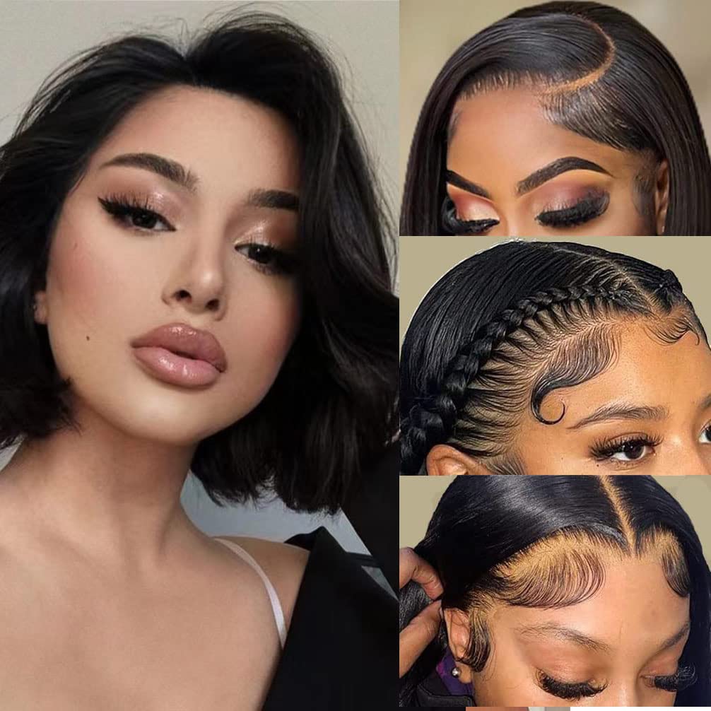 Wear and Go Glueless Wigs Human Hair Pre Plucked Pre Cut Lace Front Wigs for Black Women 180 Density Water Wave Bob Wig Human Hair Curly Wig (14 Inch)