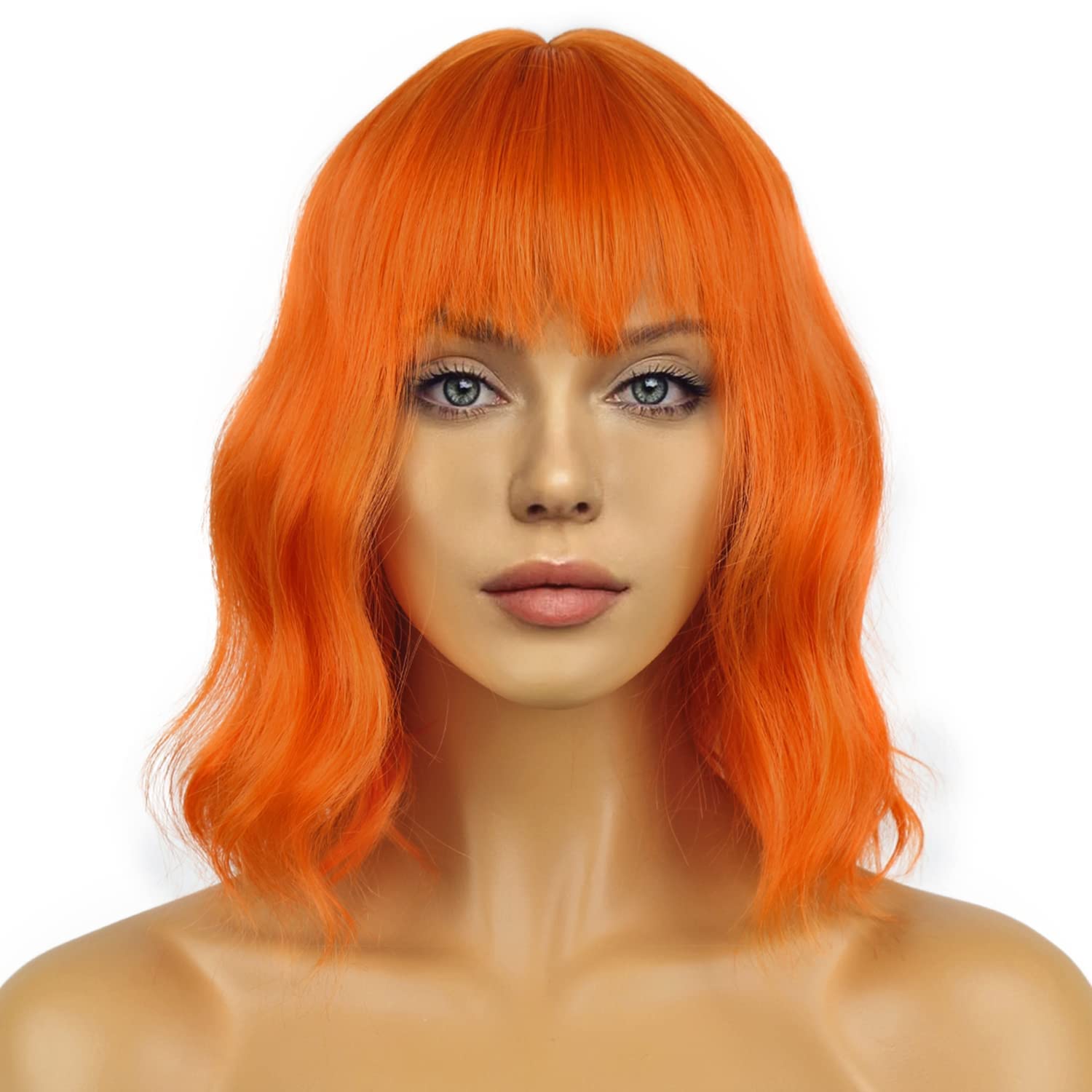 Pastel Bob Wigs with Bangs for Women Loose Wavy Wig Pastel Wavy Shoulder Length Bob Synthetic Cosplay Wig for Girl Colorful Costume Wigs (Pink)