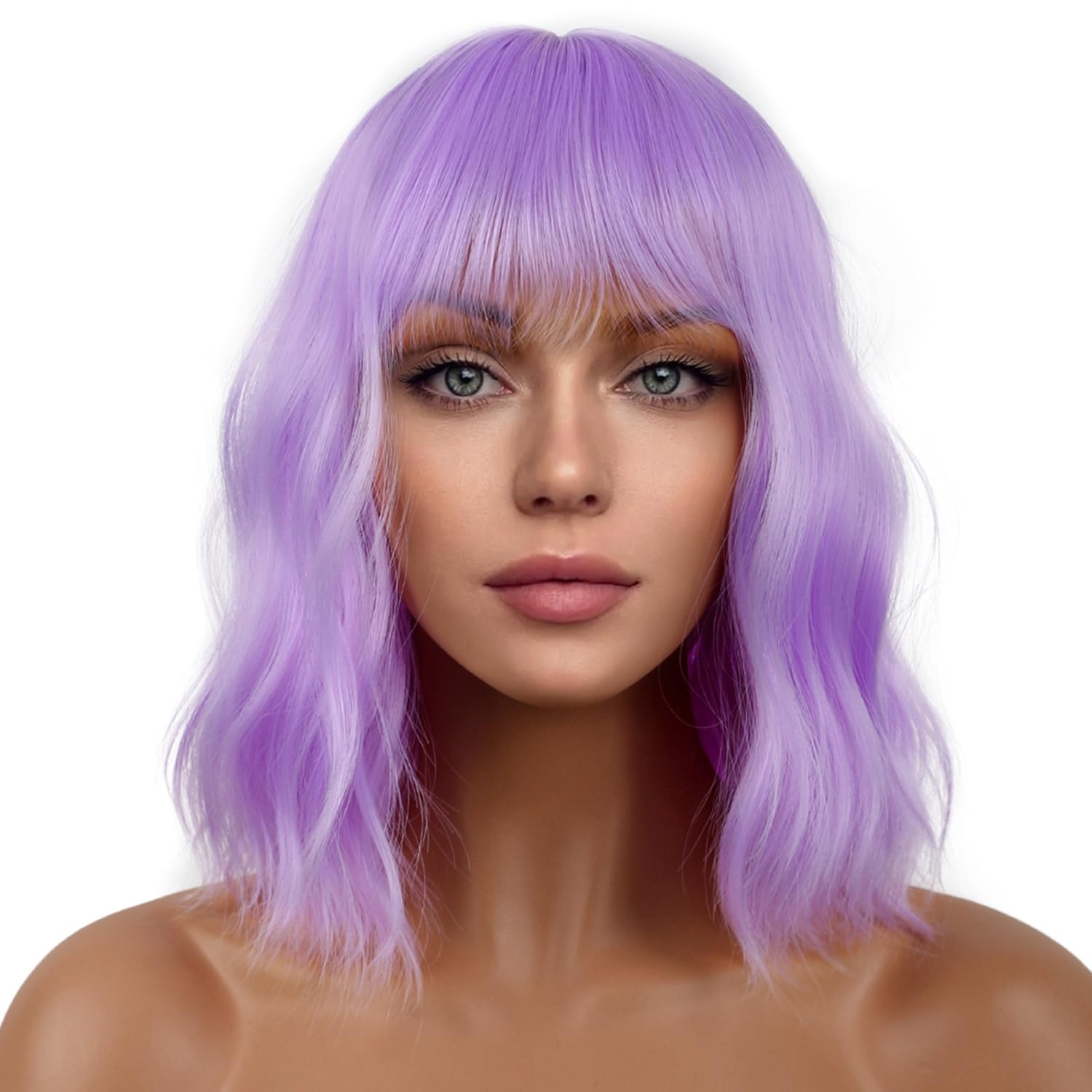 Pastel Bob Wigs with Bangs for Women Loose Wavy Wig Pastel Wavy Shoulder Length Bob Synthetic Cosplay Wig for Girl Colorful Costume Wigs (Pink)