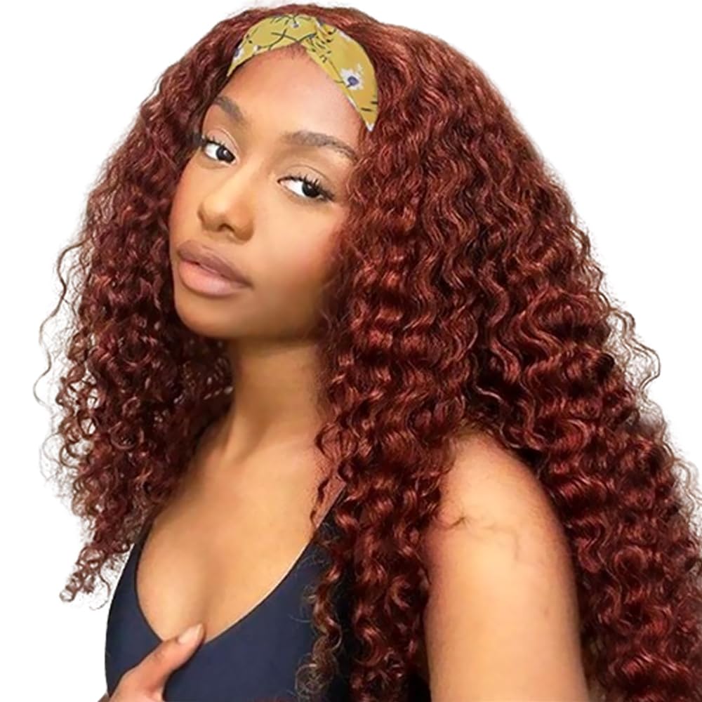 XSY Headband Wig Human Hair Deep Wave 16 Inch Curly Headband Wigs Glueless No Lace Front Wigs for Black Women Deep Curly Headband Half Wigs 150% Density Natural Color