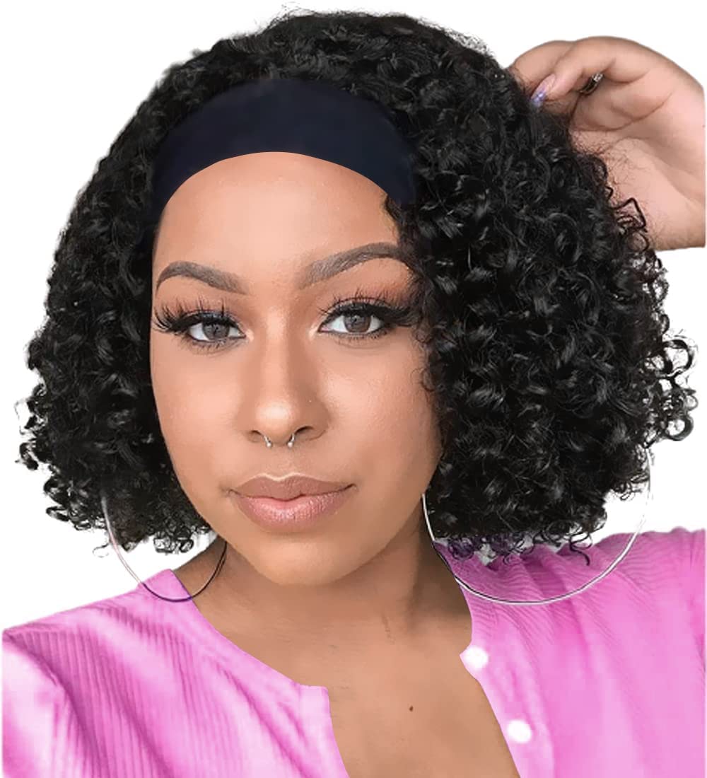 XSY Headband Wig Human Hair Deep Wave 16 Inch Curly Headband Wigs Glueless No Lace Front Wigs for Black Women Deep Curly Headband Half Wigs 150% Density Natural Color