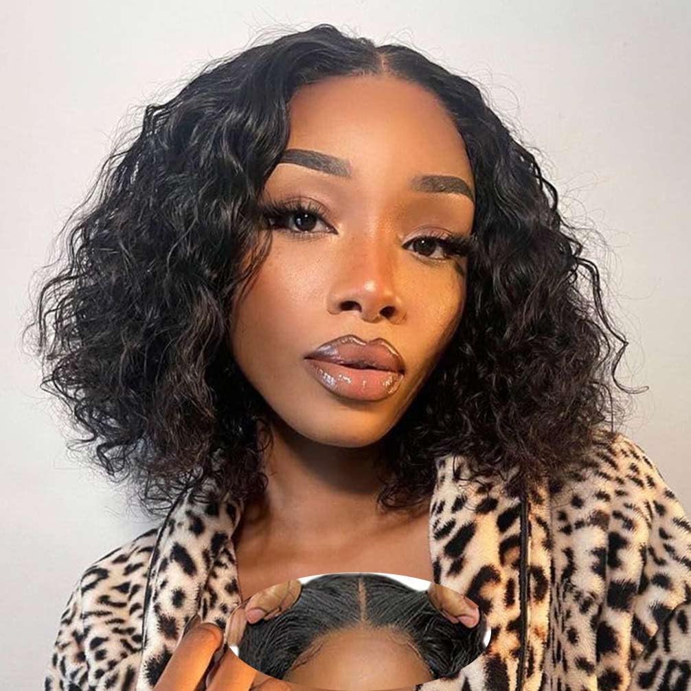 Wear and Go Glueless Wigs Human Hair Pre Plucked Pre Cut Lace Front Wigs for Black Women 180 Density Water Wave Bob Wig Human Hair Curly Wig (14 Inch)