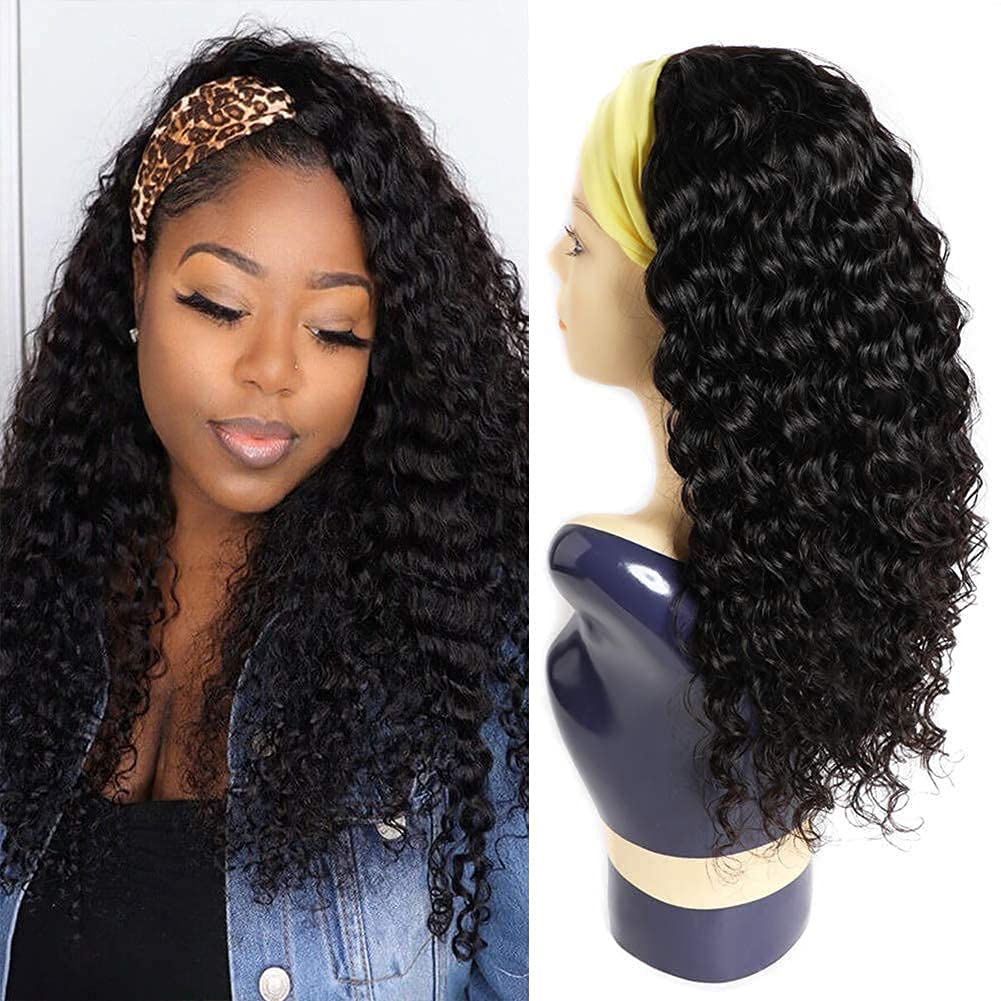 XSY Headband Wig Human Hair Deep Wave 16 Inch Curly Headband Wigs Glueless No Lace Front Wigs for Black Women Deep Curly Headband Half Wigs 150% Density Natural Color