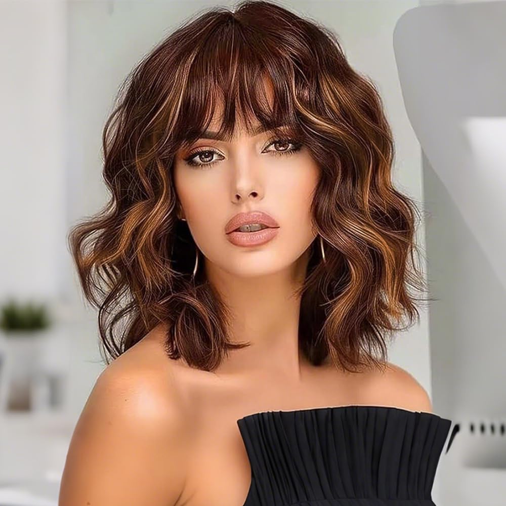 Black Mixed Brown Wig for Black Women 14 Inch Short Wavy Hair Wigs Curly Bob Wig with Bangs Wigs Shoulder Length Wigs for Black Women Bob Style Synthetic Heat Resistant