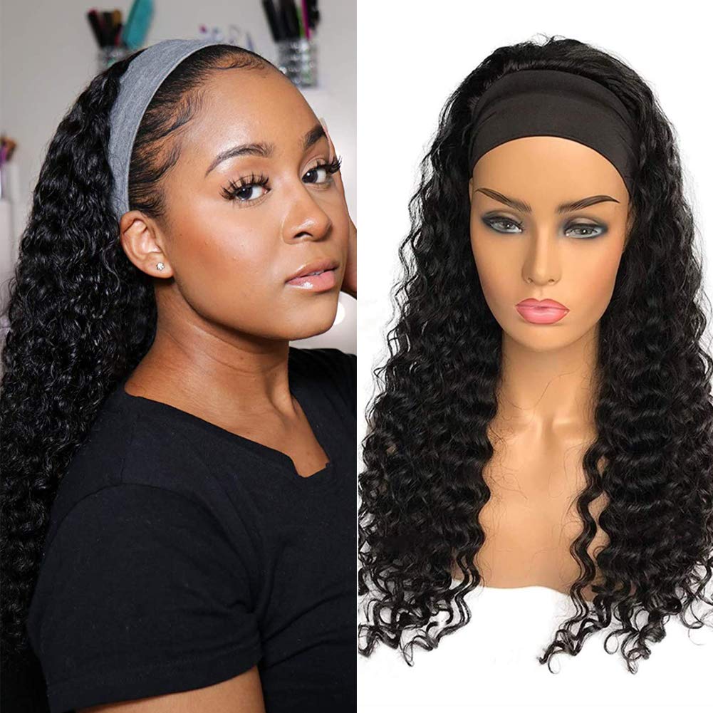 XSY Headband Wig Human Hair Deep Wave 16 Inch Curly Headband Wigs Glueless No Lace Front Wigs for Black Women Deep Curly Headband Half Wigs 150% Density Natural Color