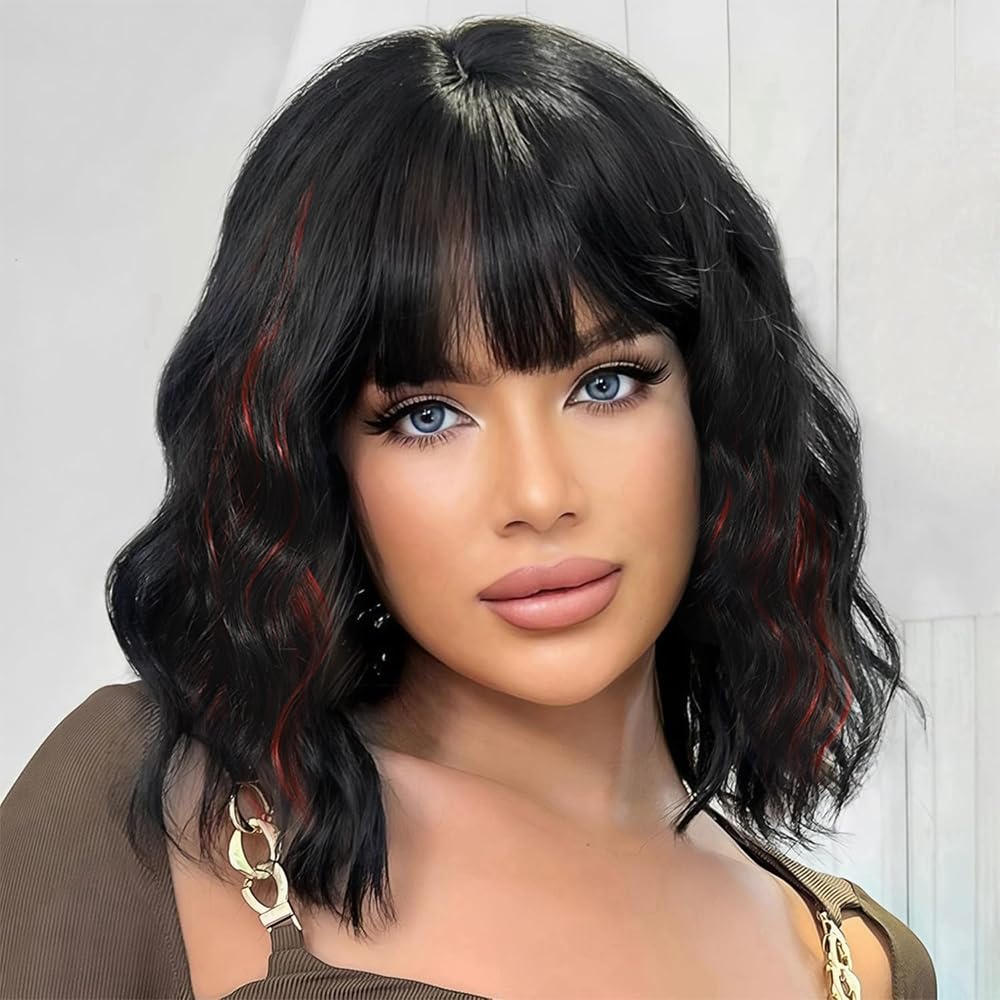 Black Mixed Brown Wig for Black Women 14 Inch Short Wavy Hair Wigs Curly Bob Wig with Bangs Wigs Shoulder Length Wigs for Black Women Bob Style Synthetic Heat Resistant
