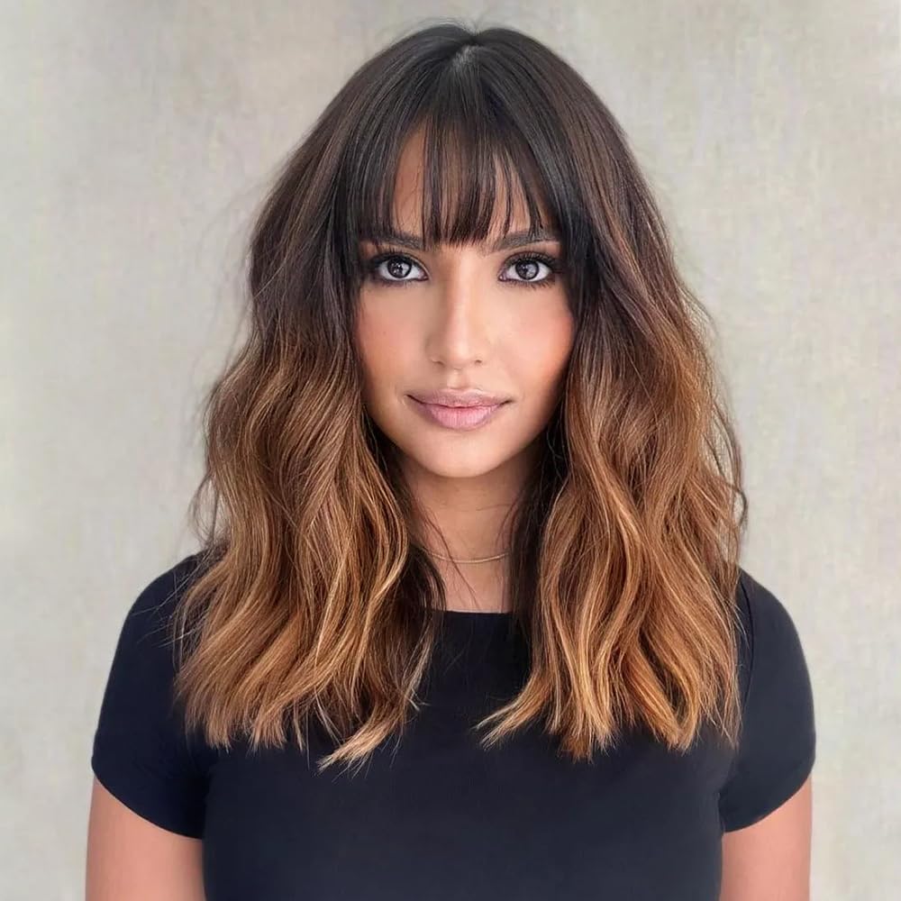 Black Mixed Brown Wig for Black Women 14 Inch Short Wavy Hair Wigs Curly Bob Wig with Bangs Wigs Shoulder Length Wigs for Black Women Bob Style Synthetic Heat Resistant