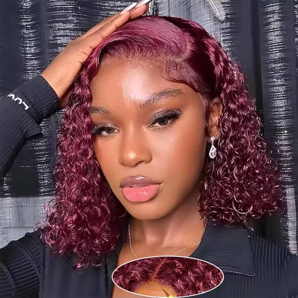 Wear and Go Glueless Wigs Human Hair Pre Plucked Pre Cut Lace Front Wigs for Black Women 180 Density Water Wave Bob Wig Human Hair Curly Wig (14 Inch)