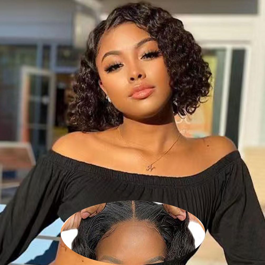 Wear and Go Glueless Wigs Human Hair Pre Plucked Pre Cut Lace Front Wigs for Black Women 180 Density Water Wave Bob Wig Human Hair Curly Wig (14 Inch)