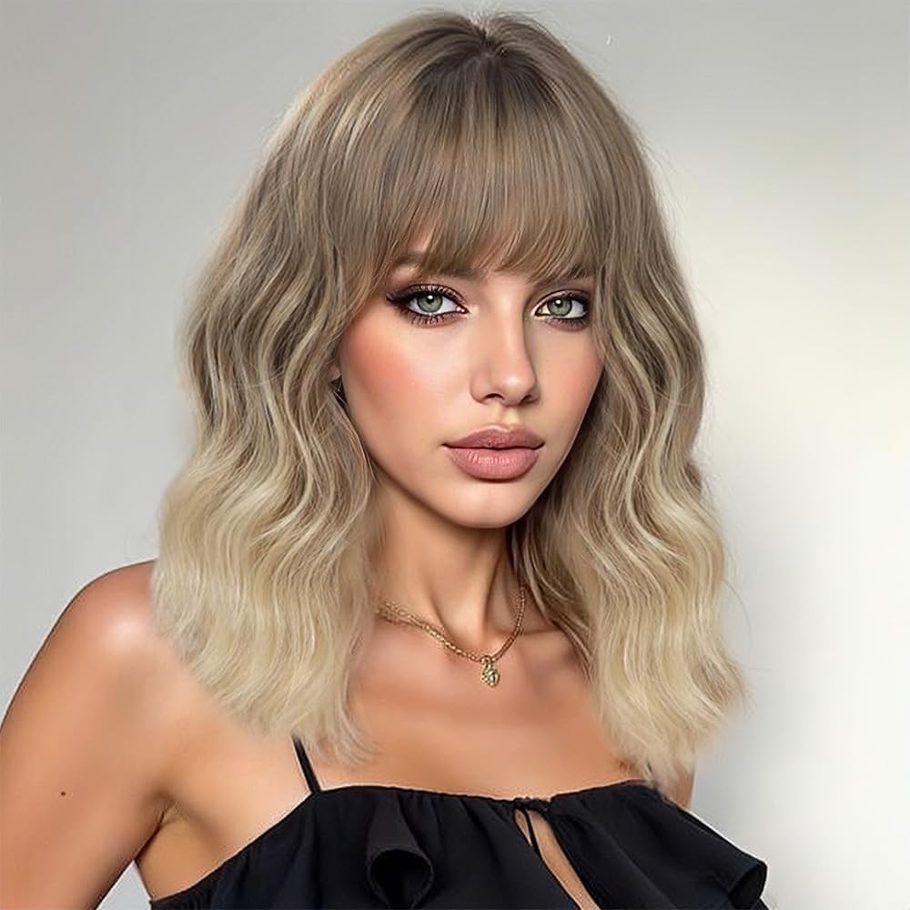 Black Mixed Brown Wig for Black Women 14 Inch Short Wavy Hair Wigs Curly Bob Wig with Bangs Wigs Shoulder Length Wigs for Black Women Bob Style Synthetic Heat Resistant