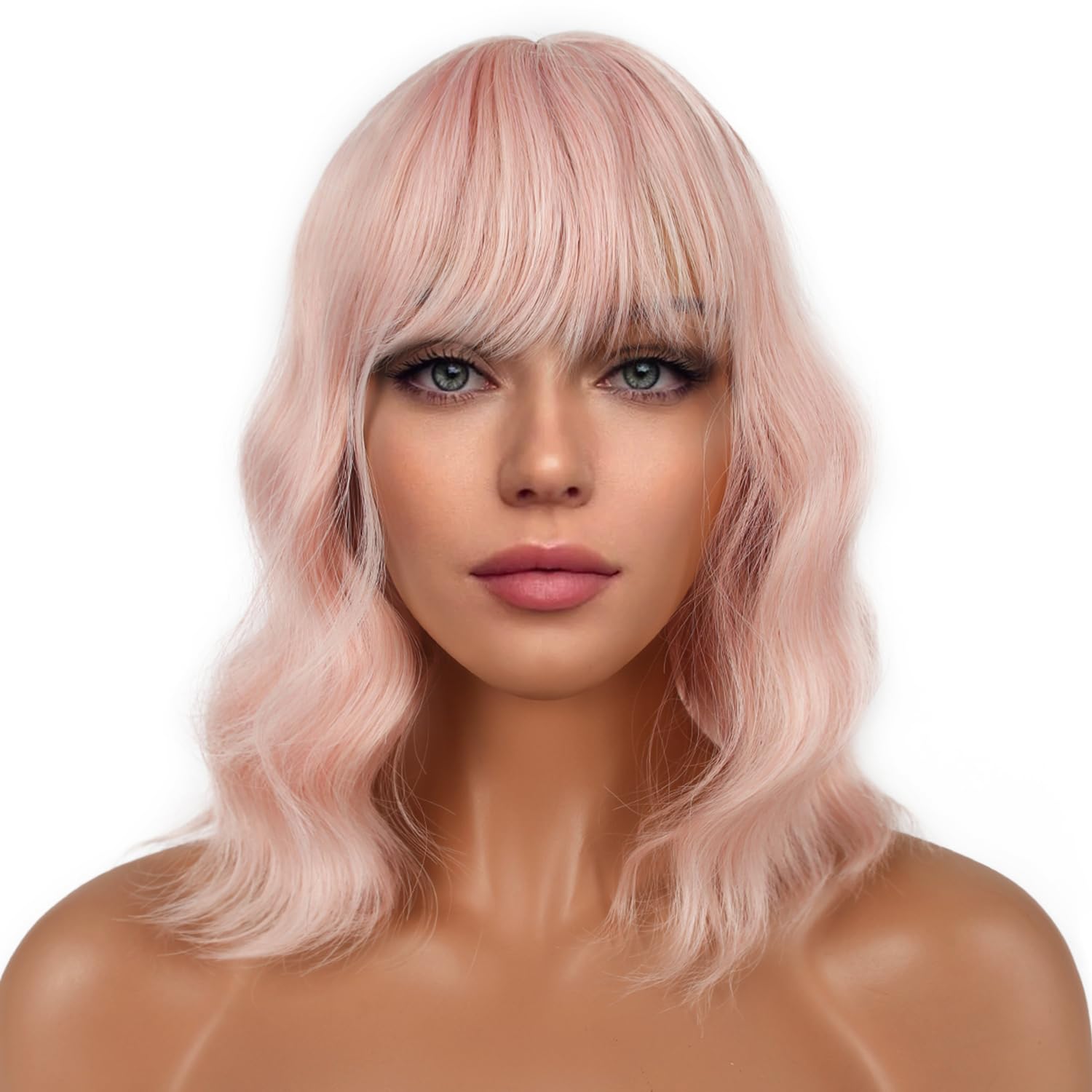 Pastel Bob Wigs with Bangs for Women Loose Wavy Wig Pastel Wavy Shoulder Length Bob Synthetic Cosplay Wig for Girl Colorful Costume Wigs (Pink)
