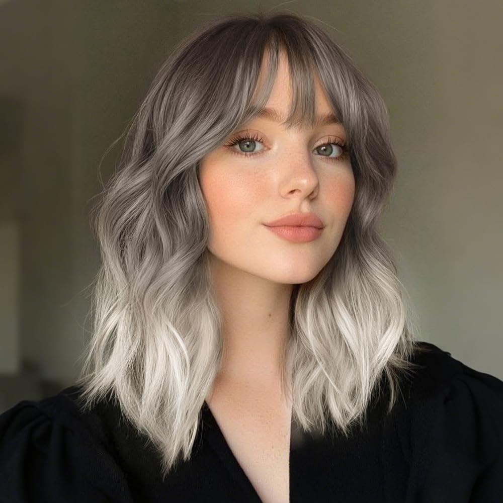 Black Mixed Brown Wig for Black Women 14 Inch Short Wavy Hair Wigs Curly Bob Wig with Bangs Wigs Shoulder Length Wigs for Black Women Bob Style Synthetic Heat Resistant