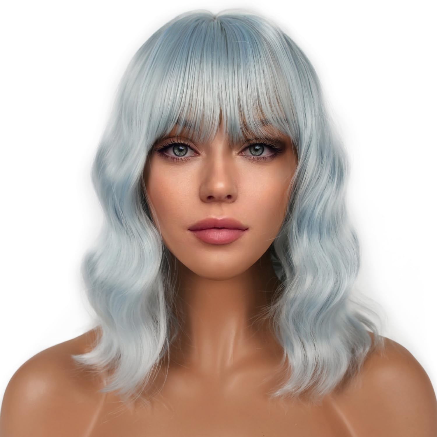 Pastel Bob Wigs with Bangs for Women Loose Wavy Wig Pastel Wavy Shoulder Length Bob Synthetic Cosplay Wig for Girl Colorful Costume Wigs (Pink)