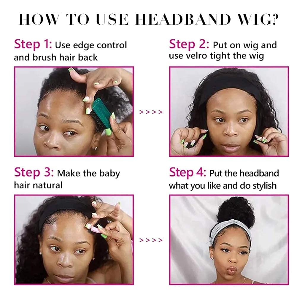XSY Headband Wig Human Hair Deep Wave 16 Inch Curly Headband Wigs Glueless No Lace Front Wigs for Black Women Deep Curly Headband Half Wigs 150% Density Natural Color