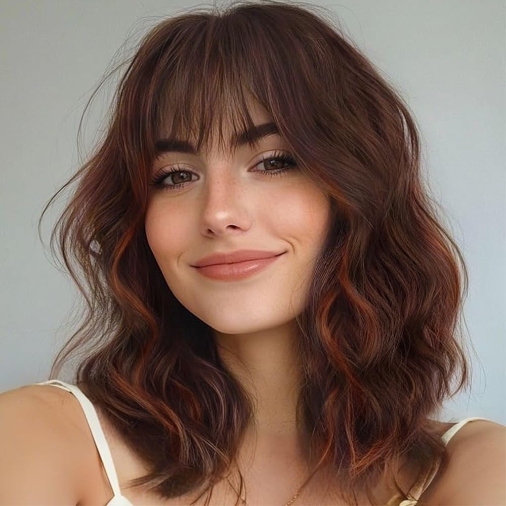 Black Mixed Brown Wig for Black Women 14 Inch Short Wavy Hair Wigs Curly Bob Wig with Bangs Wigs Shoulder Length Wigs for Black Women Bob Style Synthetic Heat Resistant