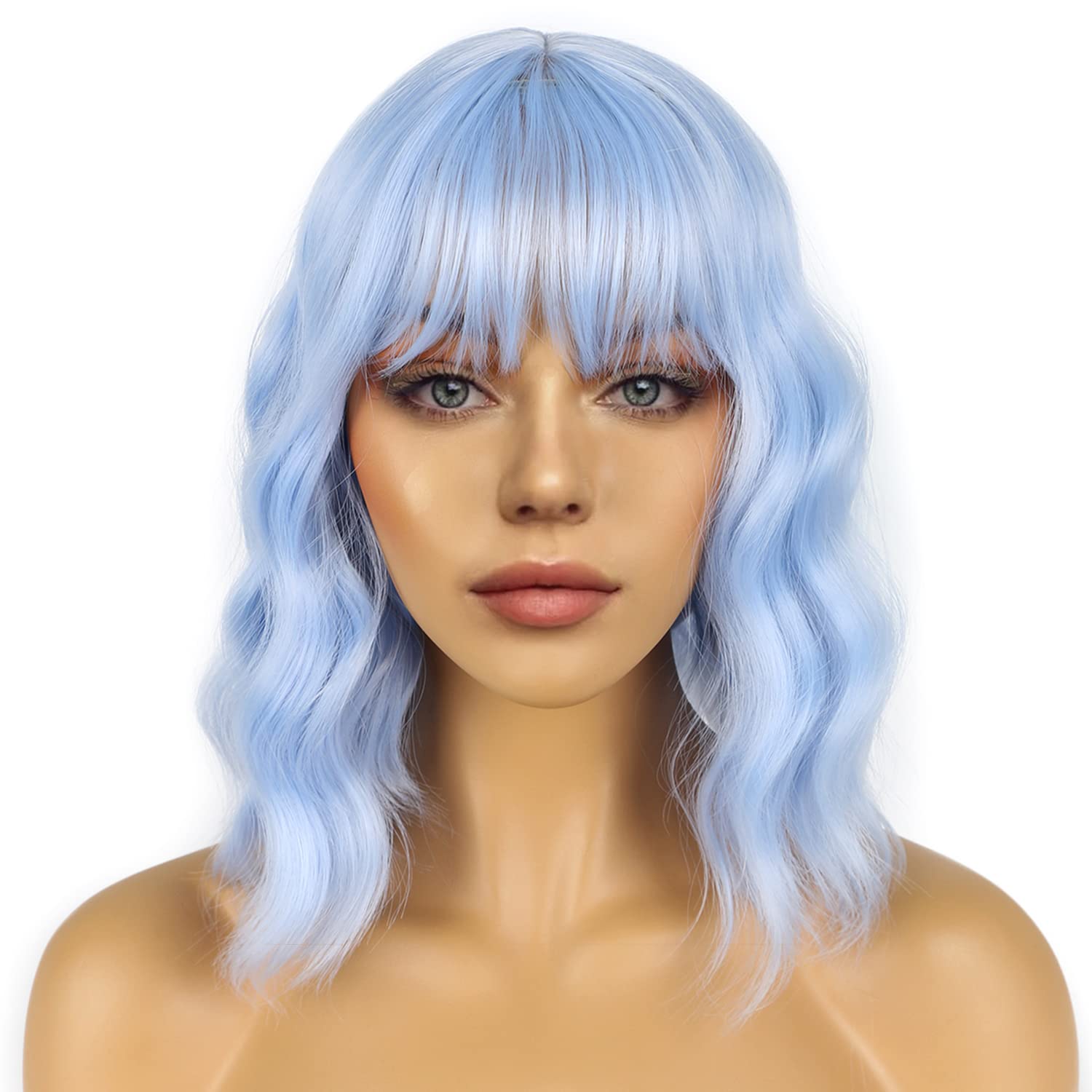 Pastel Bob Wigs with Bangs for Women Loose Wavy Wig Pastel Wavy Shoulder Length Bob Synthetic Cosplay Wig for Girl Colorful Costume Wigs (Pink)