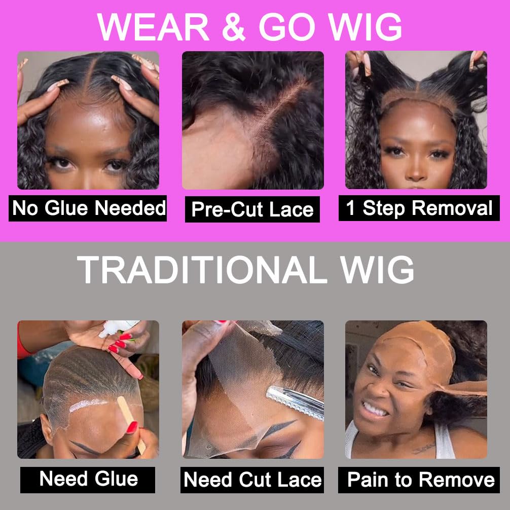 Wear and Go Glueless Wigs Human Hair Pre Plucked Pre Cut Lace Front Wigs for Black Women 180 Density Water Wave Bob Wig Human Hair Curly Wig (14 Inch)