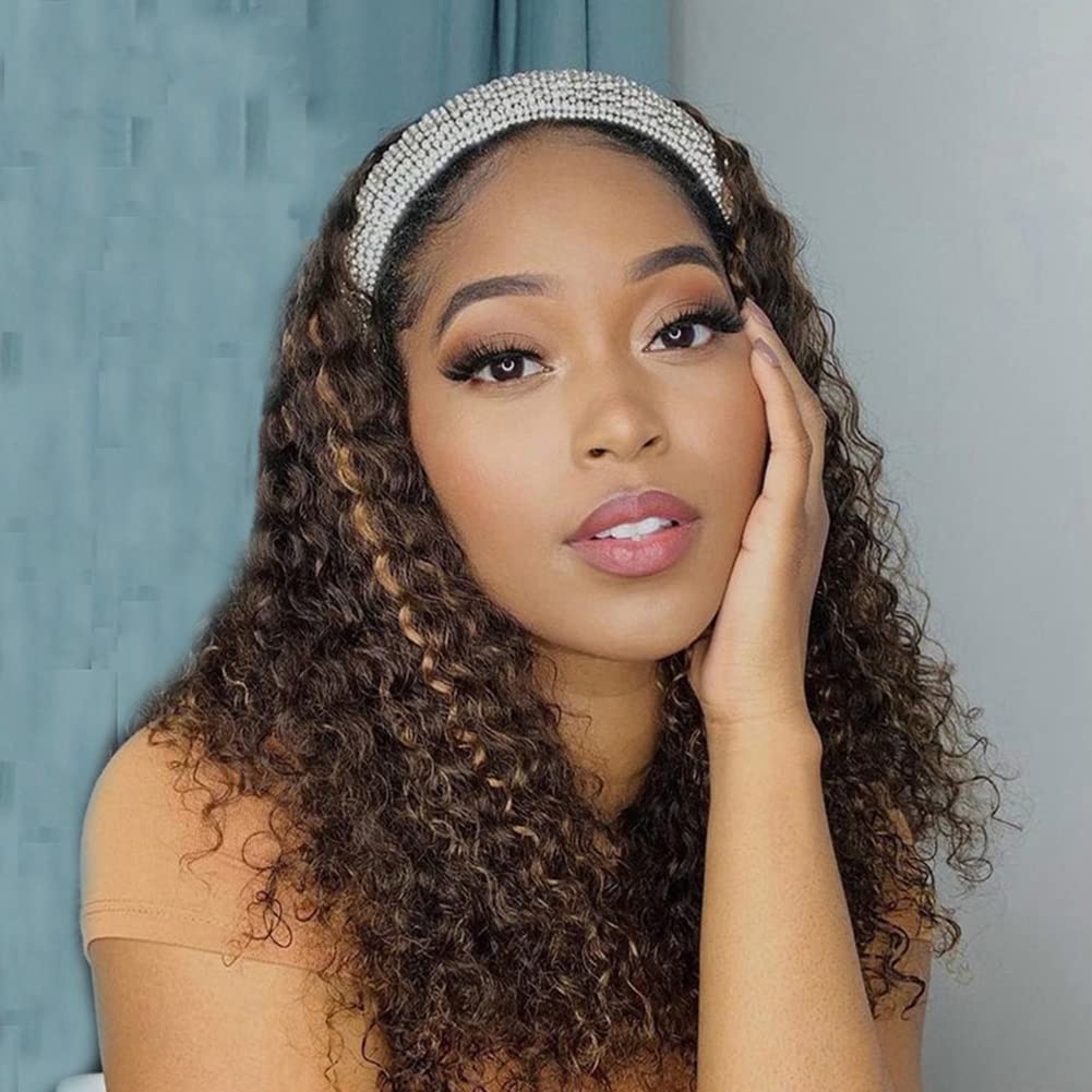 XSY Headband Wig Human Hair Deep Wave 16 Inch Curly Headband Wigs Glueless No Lace Front Wigs for Black Women Deep Curly Headband Half Wigs 150% Density Natural Color