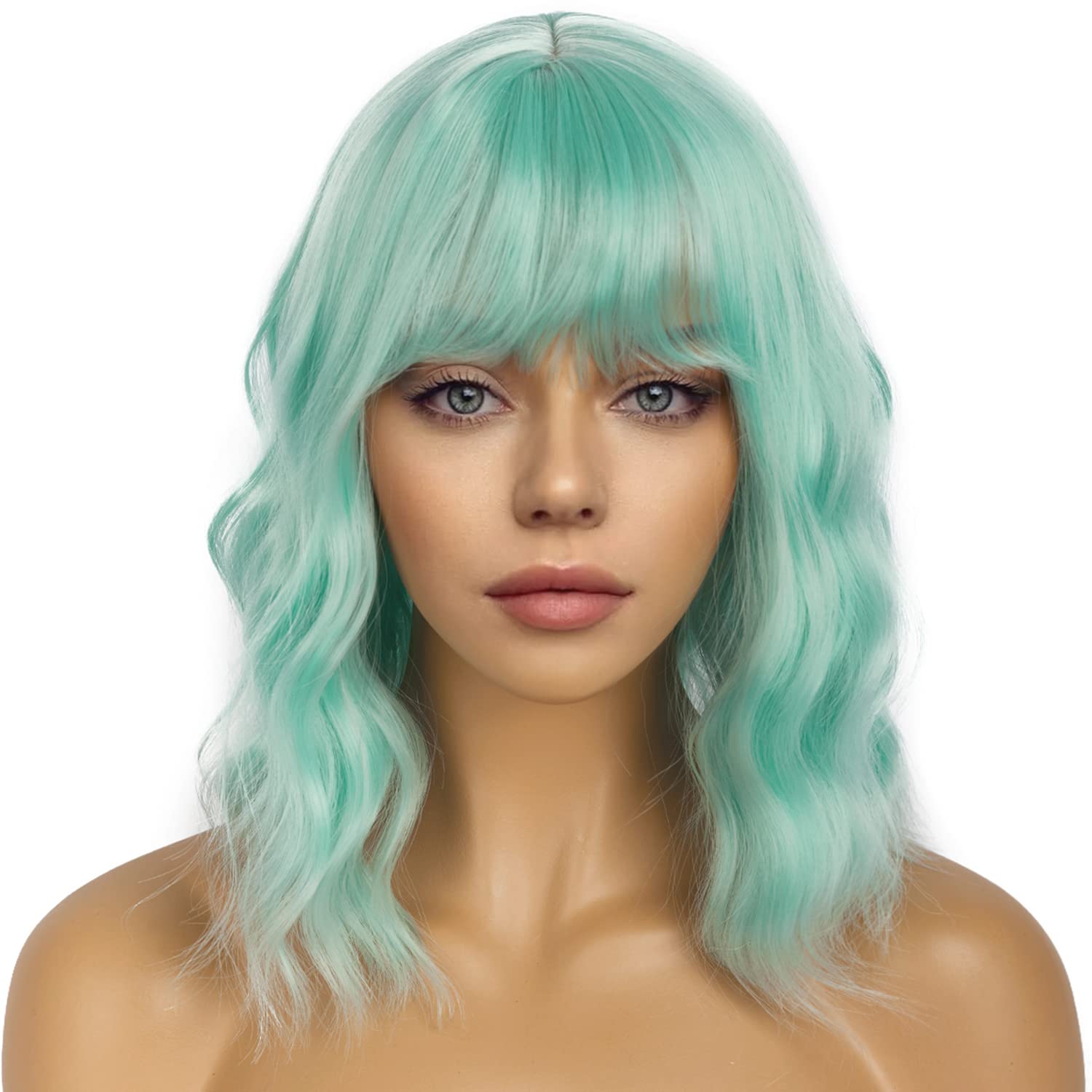 Pastel Bob Wigs with Bangs for Women Loose Wavy Wig Pastel Wavy Shoulder Length Bob Synthetic Cosplay Wig for Girl Colorful Costume Wigs (Pink)