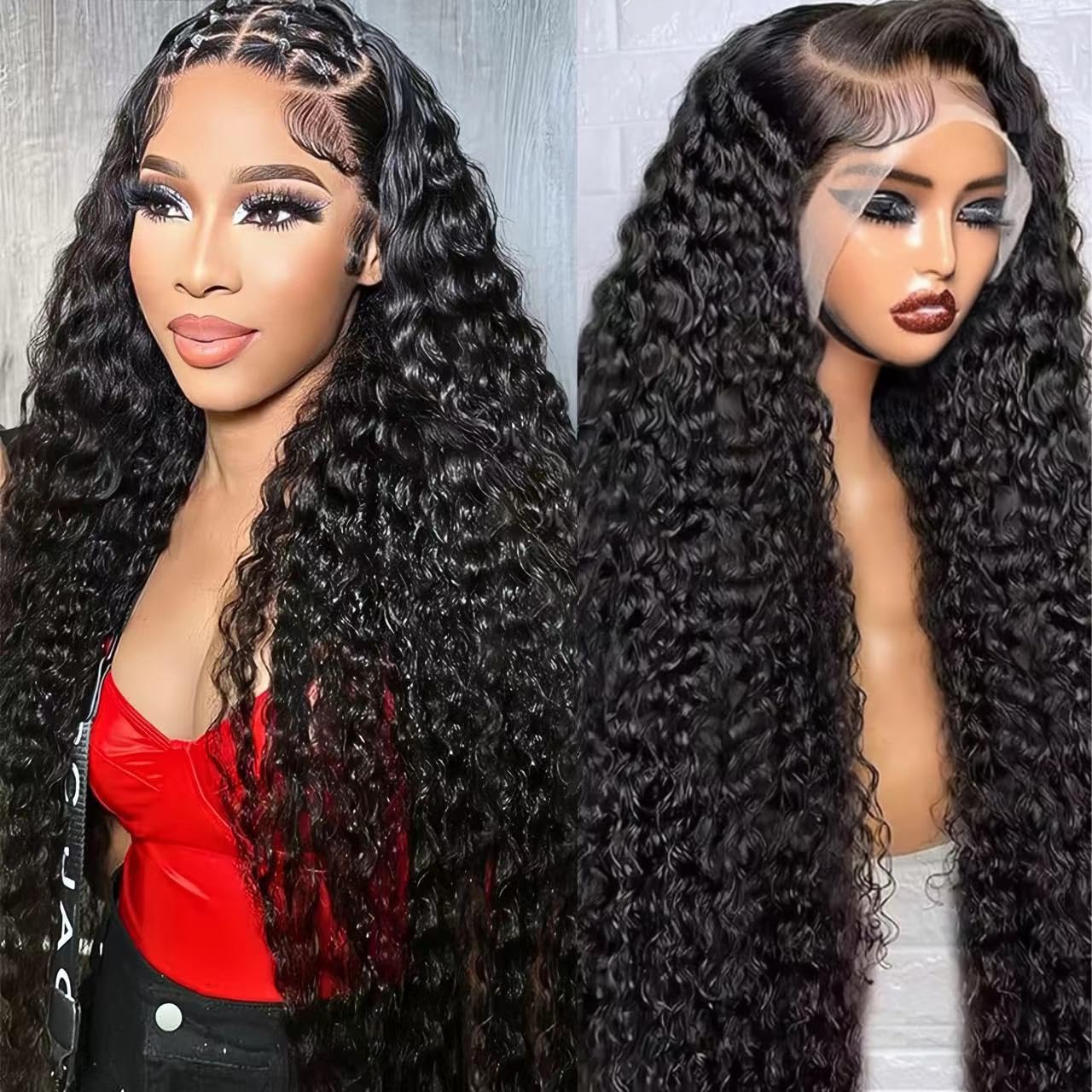 13x6 Deep Wave Lace Front Wigs Human Hair Pre Plucked Pre Bleached Deep Curly Human Hair Wigs for Women 180 Density HD Full Lace Frontal Wig With Baby Hair 28inch