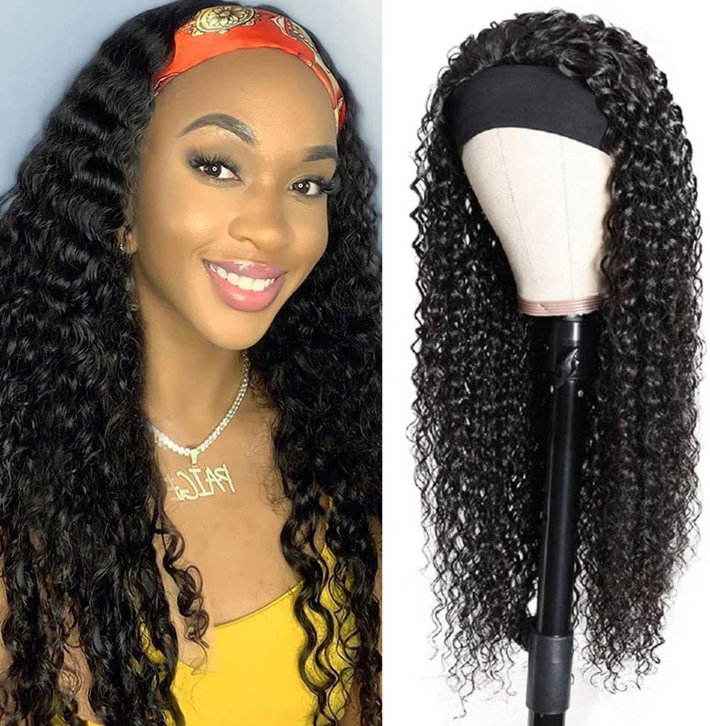 XSY Headband Wig Human Hair Deep Wave 16 Inch Curly Headband Wigs Glueless No Lace Front Wigs for Black Women Deep Curly Headband Half Wigs 150% Density Natural Color