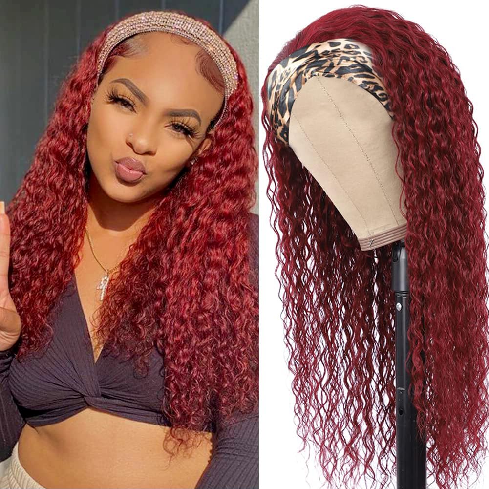 XSY Headband Wig Human Hair Deep Wave 16 Inch Curly Headband Wigs Glueless No Lace Front Wigs for Black Women Deep Curly Headband Half Wigs 150% Density Natural Color