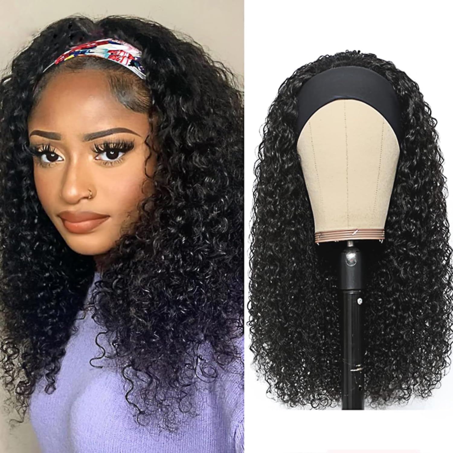 XSY Headband Wig Human Hair Deep Wave 16 Inch Curly Headband Wigs Glueless No Lace Front Wigs for Black Women Deep Curly Headband Half Wigs 150% Density Natural Color