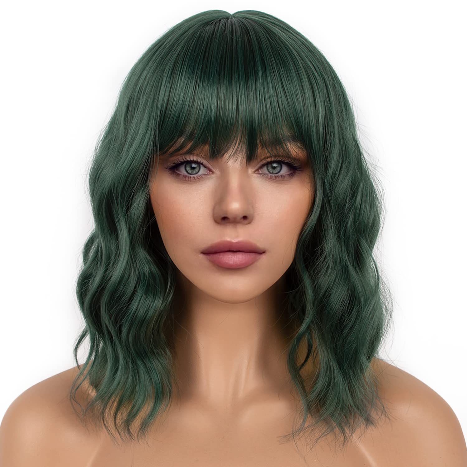 Pastel Bob Wigs with Bangs for Women Loose Wavy Wig Pastel Wavy Shoulder Length Bob Synthetic Cosplay Wig for Girl Colorful Costume Wigs (Pink)