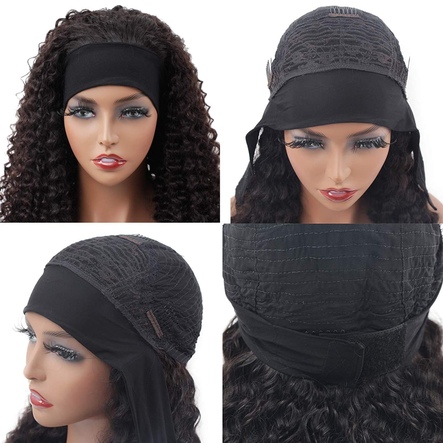 XSY Headband Wig Human Hair Deep Wave 16 Inch Curly Headband Wigs Glueless No Lace Front Wigs for Black Women Deep Curly Headband Half Wigs 150% Density Natural Color