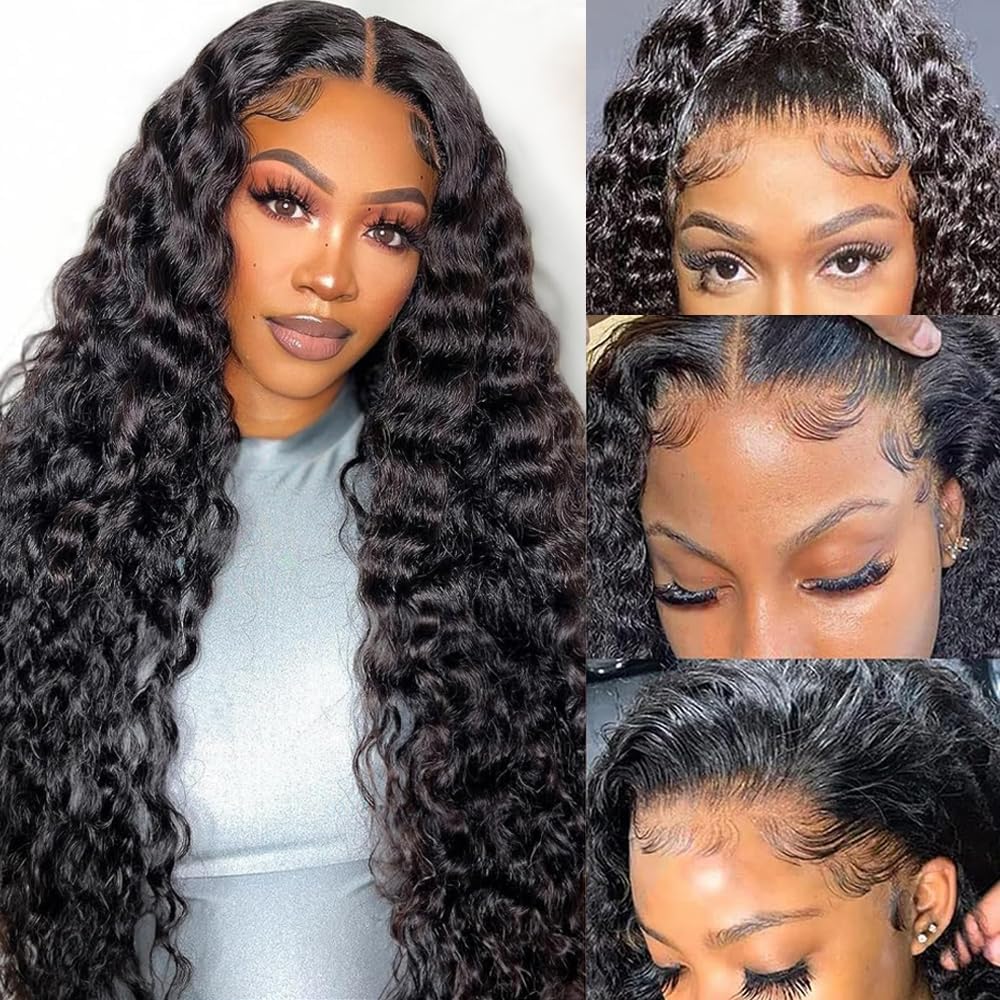 13x6 Deep Wave Lace Front Wigs Human Hair Pre Plucked Pre Bleached Deep Curly Human Hair Wigs for Women 180 Density HD Full Lace Frontal Wig With Baby Hair 28inch