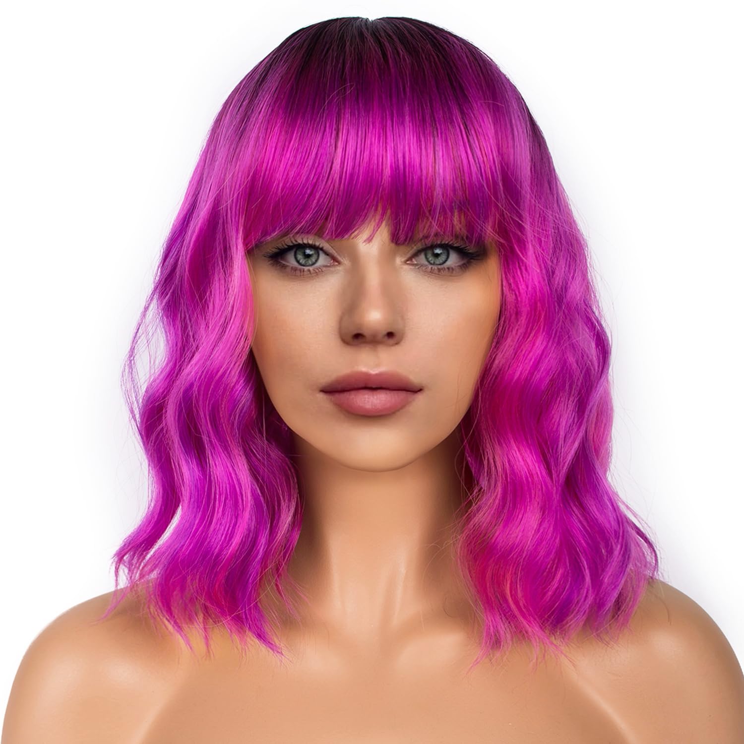 Pastel Bob Wigs with Bangs for Women Loose Wavy Wig Pastel Wavy Shoulder Length Bob Synthetic Cosplay Wig for Girl Colorful Costume Wigs (Pink)