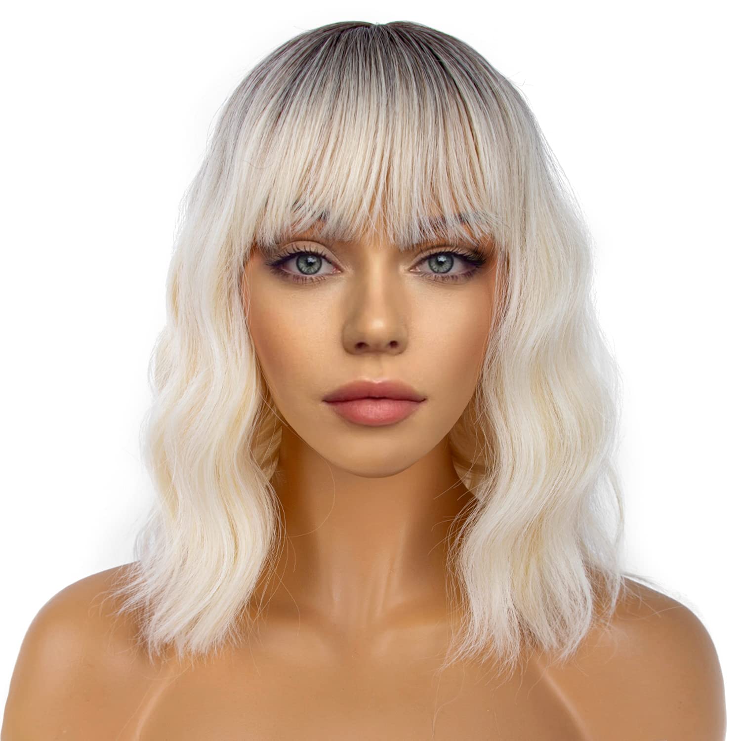 Pastel Bob Wigs with Bangs for Women Loose Wavy Wig Pastel Wavy Shoulder Length Bob Synthetic Cosplay Wig for Girl Colorful Costume Wigs (Pink)