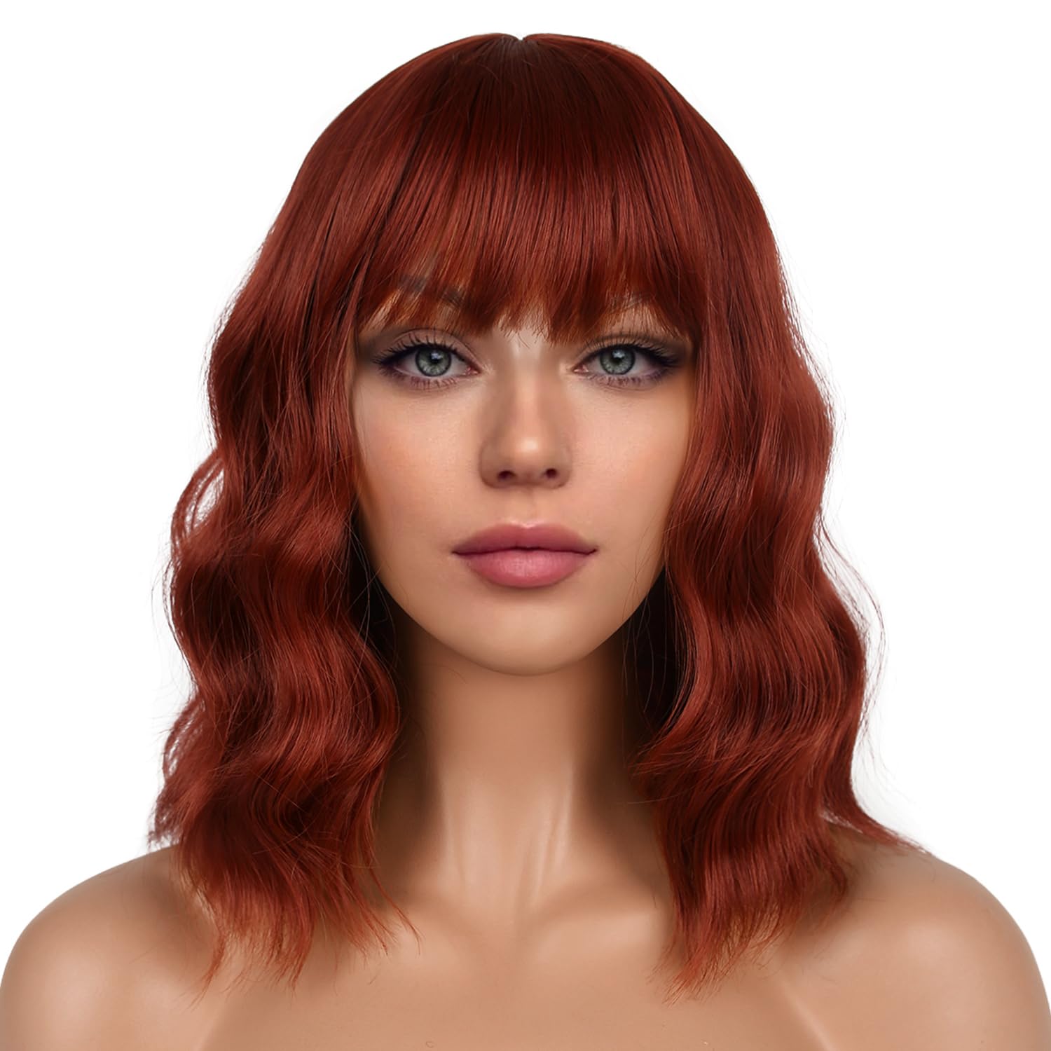 Pastel Bob Wigs with Bangs for Women Loose Wavy Wig Pastel Wavy Shoulder Length Bob Synthetic Cosplay Wig for Girl Colorful Costume Wigs (Pink)