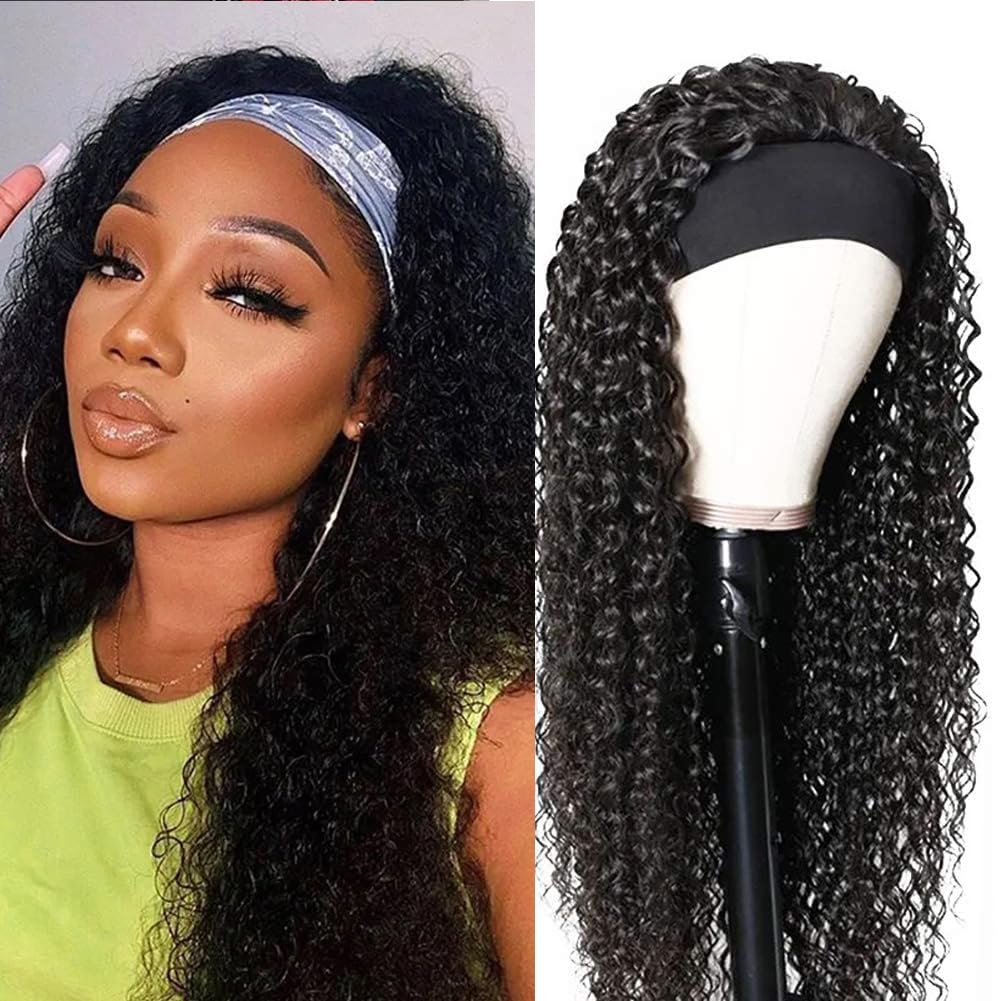 XSY Headband Wig Human Hair Deep Wave 16 Inch Curly Headband Wigs Glueless No Lace Front Wigs for Black Women Deep Curly Headband Half Wigs 150% Density Natural Color