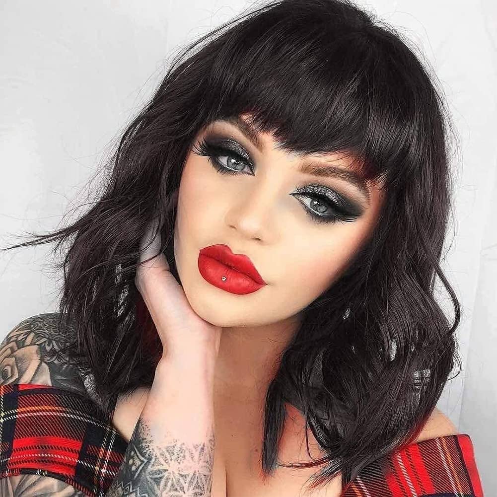 Black Mixed Brown Wig for Black Women 14 Inch Short Wavy Hair Wigs Curly Bob Wig with Bangs Wigs Shoulder Length Wigs for Black Women Bob Style Synthetic Heat Resistant