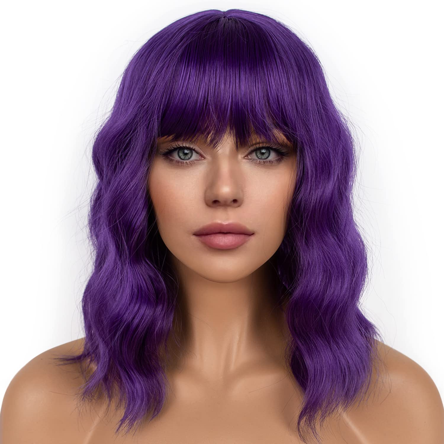 Pastel Bob Wigs with Bangs for Women Loose Wavy Wig Pastel Wavy Shoulder Length Bob Synthetic Cosplay Wig for Girl Colorful Costume Wigs (Pink)
