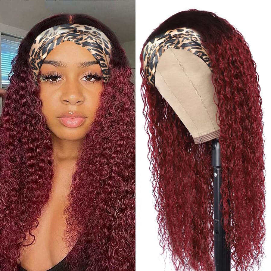 XSY Headband Wig Human Hair Deep Wave 16 Inch Curly Headband Wigs Glueless No Lace Front Wigs for Black Women Deep Curly Headband Half Wigs 150% Density Natural Color