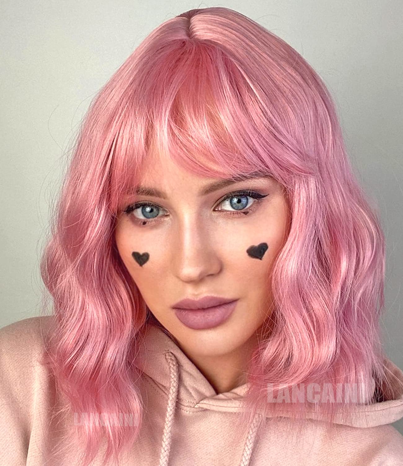 Pastel Bob Wigs with Bangs for Women Loose Wavy Wig Pastel Wavy Shoulder Length Bob Synthetic Cosplay Wig for Girl Colorful Costume Wigs (Pink)