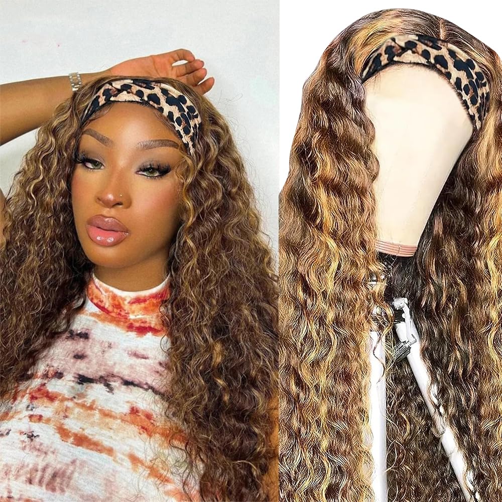 XSY Headband Wig Human Hair Deep Wave 16 Inch Curly Headband Wigs Glueless No Lace Front Wigs for Black Women Deep Curly Headband Half Wigs 150% Density Natural Color
