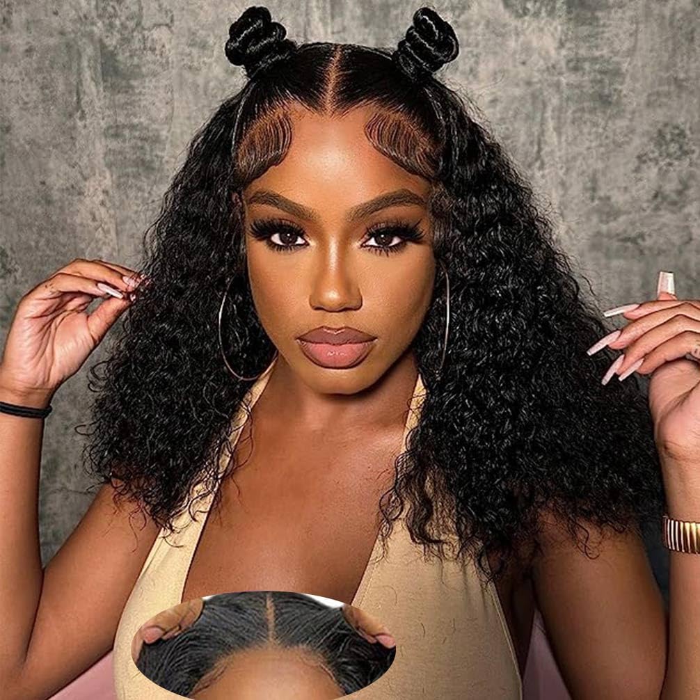 Wear and Go Glueless Wigs Human Hair Pre Plucked Pre Cut Lace Front Wigs for Black Women 180 Density Water Wave Bob Wig Human Hair Curly Wig (14 Inch)