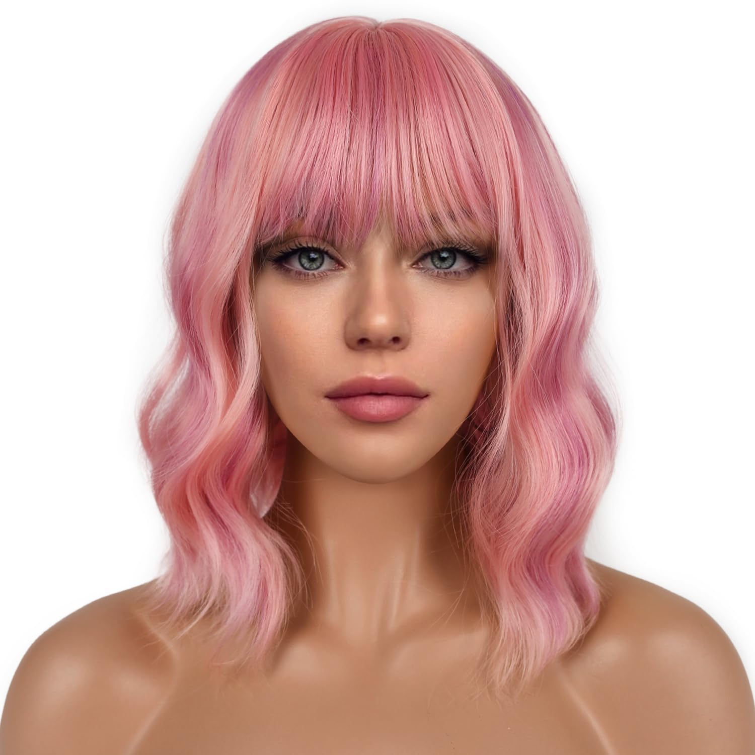 Pastel Bob Wigs with Bangs for Women Loose Wavy Wig Pastel Wavy Shoulder Length Bob Synthetic Cosplay Wig for Girl Colorful Costume Wigs (Pink)