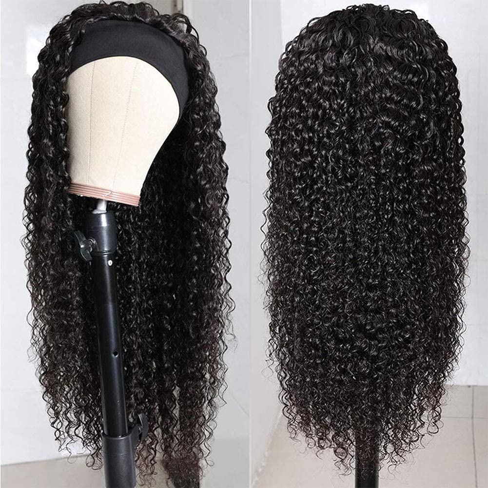 XSY Headband Wig Human Hair Deep Wave 16 Inch Curly Headband Wigs Glueless No Lace Front Wigs for Black Women Deep Curly Headband Half Wigs 150% Density Natural Color