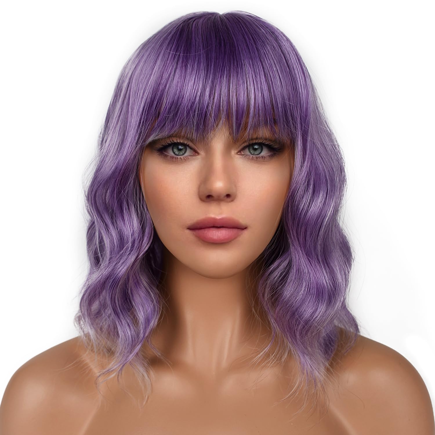 Pastel Bob Wigs with Bangs for Women Loose Wavy Wig Pastel Wavy Shoulder Length Bob Synthetic Cosplay Wig for Girl Colorful Costume Wigs (Pink)