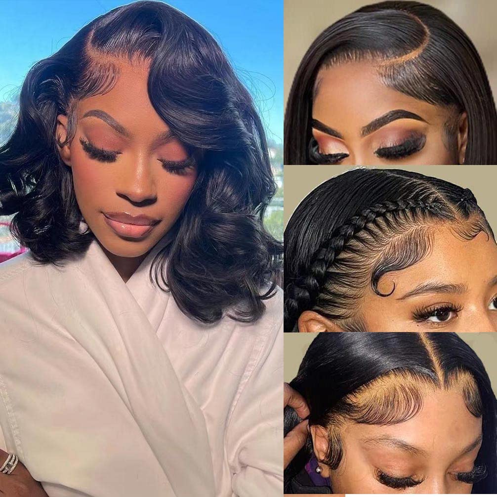 Wear and Go Glueless Wigs Human Hair Pre Plucked Pre Cut Lace Front Wigs for Black Women 180 Density Water Wave Bob Wig Human Hair Curly Wig (14 Inch)