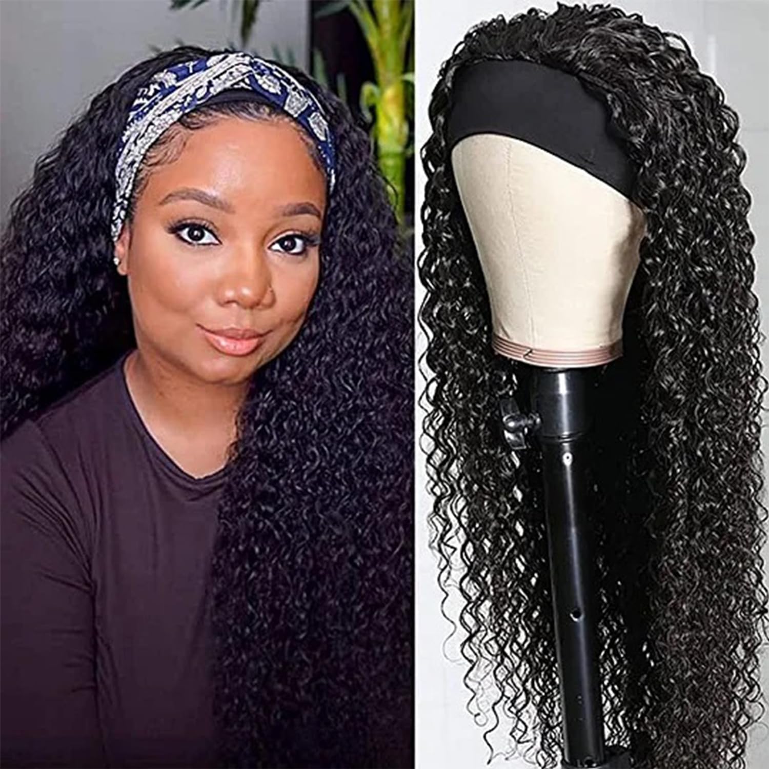 XSY Headband Wig Human Hair Deep Wave 16 Inch Curly Headband Wigs Glueless No Lace Front Wigs for Black Women Deep Curly Headband Half Wigs 150% Density Natural Color